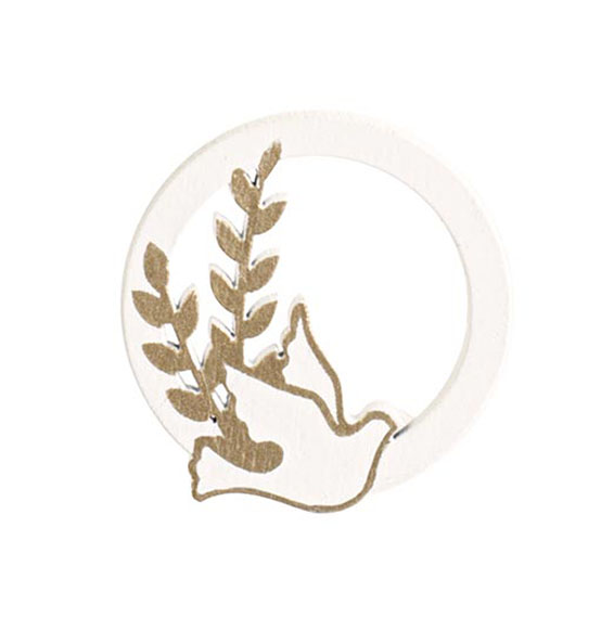 Decorazione comunione cerchio bianco con colomba e spiga oro in legno diam. cm.3,8