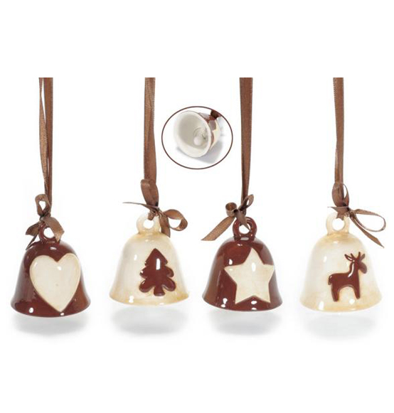 Decorazione natalizia campanella in ceramica marrone e crema da appendere