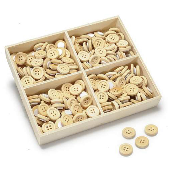 192pz. Decorazione scatole bottoni in legno con biadesivo cm. 1,5