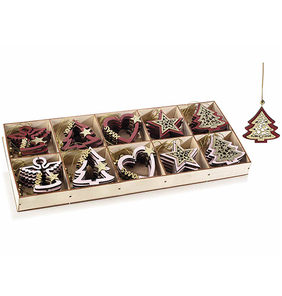 40pz. Addobbi natalizi in legno colorato intagliato con decorazioni glitter da appendere con espositore