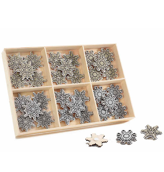 48pz. Decorazione adesiva fiocco di neve in legno con glitter ed espositore
