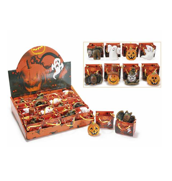 24pz. Personaggi di Halloween in ceramica in borsetta di carta con espositore