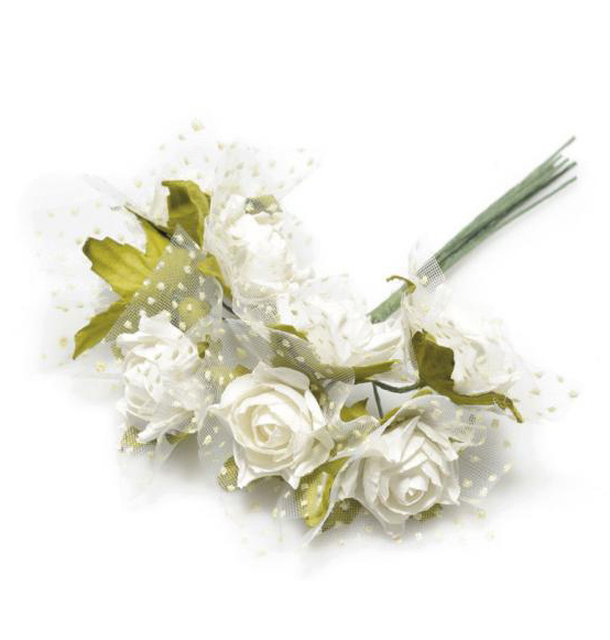 144pz. Decorazione roselline bianche con velo