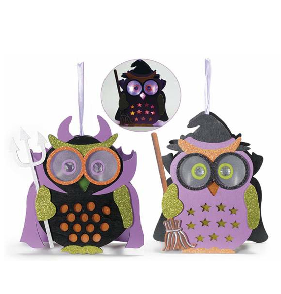 Gufo Halloween decorativo in legno con luci a batteria