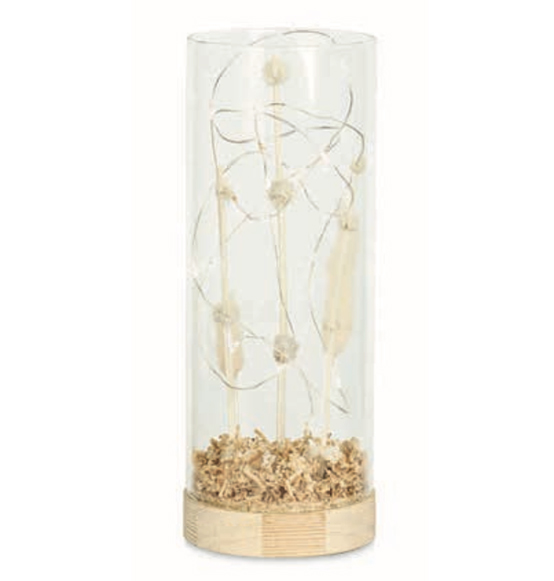 Bomboniera nozze Lampada vaso grande in vetro led con legno e fiori diam. cm. 9x24