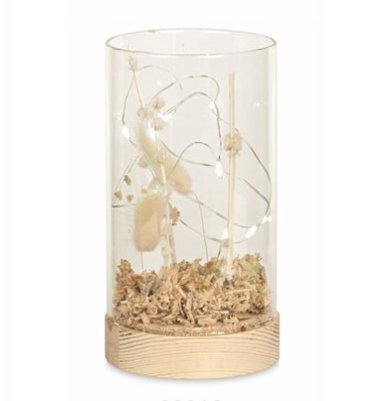 Bomboniera nozze Lampada vaso piccolo in vetro led con legno e fiori diam. cm. 9x16