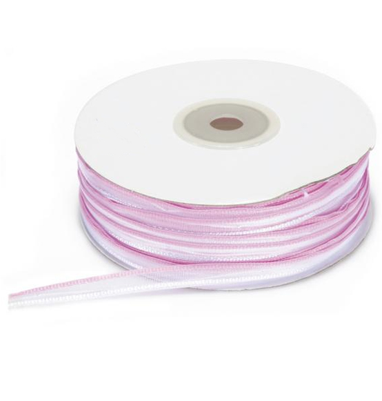 Nastro velo bicolore rosa e bianco con tirante per fiocco mm. 6x50mt.