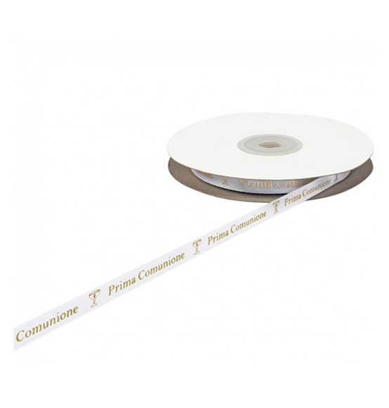 Nastro raso bianco con calice e scritta \"Prima Comunione\" in oro cm. 1x25mt.