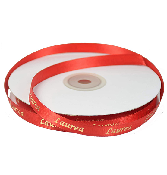 Nastro raso rosso con scritta \"Laurea\" in oro cm. 1x25mt.