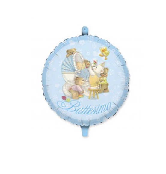 PALLONCINO IN MYLAR TONDO BATTESIMO ORSETTO CELESTE CM 45