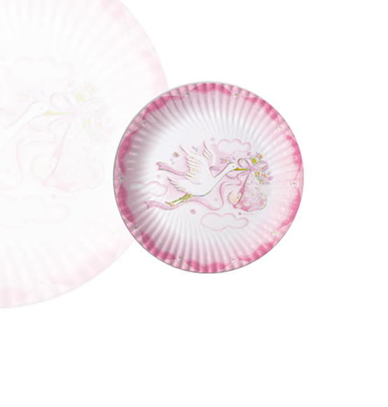 10pz. Piattini cicogna rosa in carta diam. cm. 18