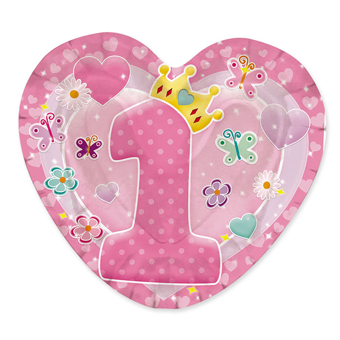 10PZ. PIATTI CUORE PRIMO COMPLEANNO ROSA CM 20