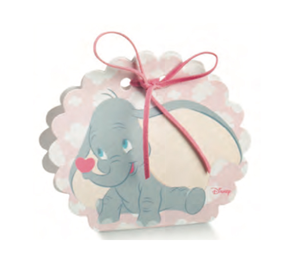 10pz Scatolina portaconfetti Dumbo Disney nascita borsa rotonda rosa mm. 58x40x85
