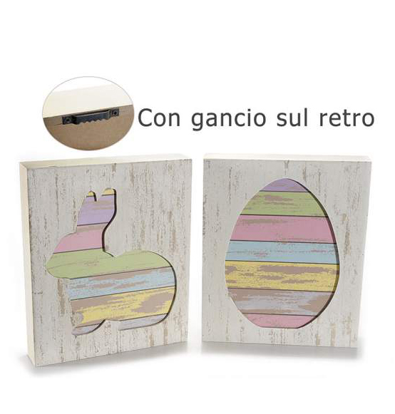 Quadri di Pasqua in legno da appendere con decorazione a uovo e coniglio colorati cm 19,5 x 23,5 H