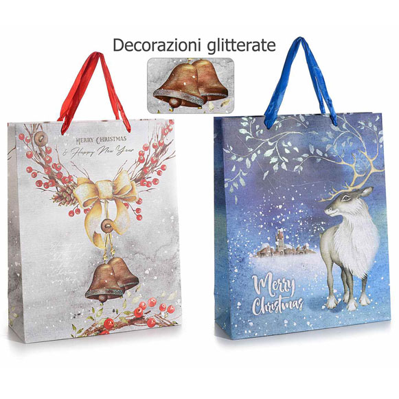 16Pz. Sacchetti natalizi in carta stampata con glitter e manici in raso cm 26,5x10x33H