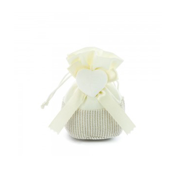 A Sacchettino portaconfetti matrimonio crema base tonda con cuore in gesso cm. 11X12