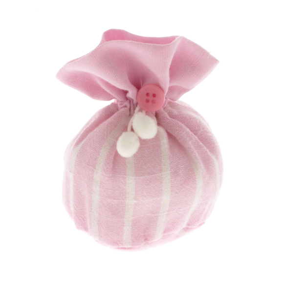 Sacchettini portaconfetti base tonda nascita rosa e righe bianchi con ponpon cm. 10