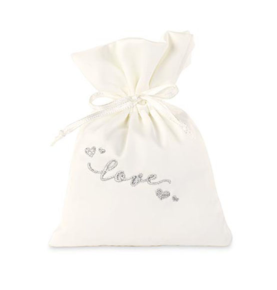 Sacchettino portaconfetti in raso "love" bianco con scritta e cuoricini ricamati in argento cm. 10x14