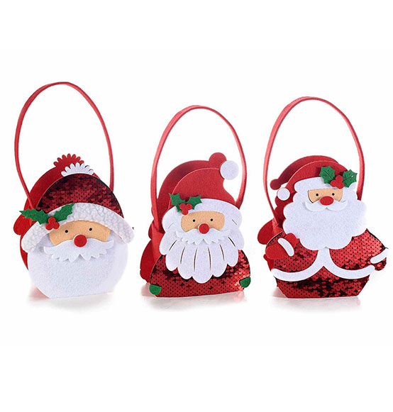 6 pz. Borsette natalizie in panno a forma di Babbo Natale con paillettes rosse cm. 13x7x16,5H (con manico cm.25)
