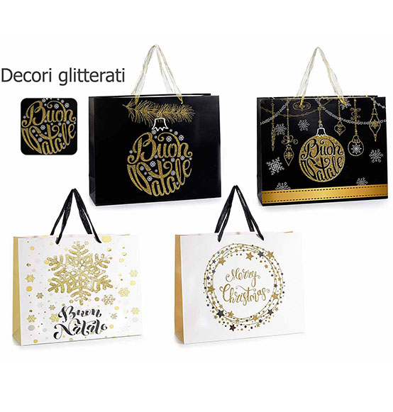 20Pz Sacchetti Shopper regali natalizi in carta bianca e nera con decori oro e manico in tessuto cm 38x12,5x30,5 (Con manici cm. 40H)