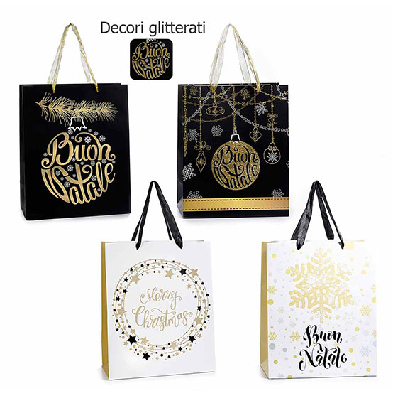 24Pz Sacchetti Shopper regali natalizi in carta bianca e nera con decori oro e manico in tessuto cm 26,5x13,5x32,5H (Con manici cm. 42H)