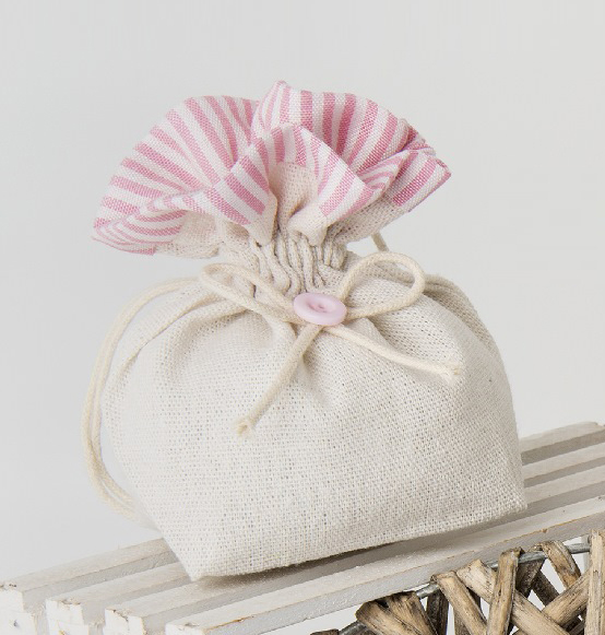 Sacchettino bag portaconfetti avorio a righe bianche e rosa con bottone cm 12