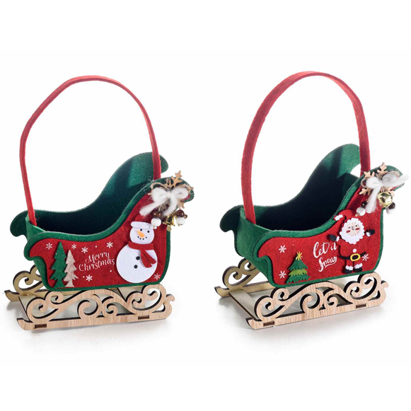 8 pz. Borsetta a slitta natalizia in panno e legno con decoro di Natale cm15,5x7,5x14H