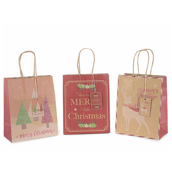 30pz. Buste sacchetti di Natale in carta naturale con stampe natalizie cm. 18x10x22,5