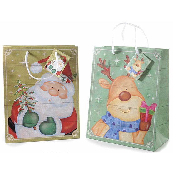 18pz. Sacchetti buste regalo natalizi in carta con personaggi di Natale cm. 26,5x13,5x32,5