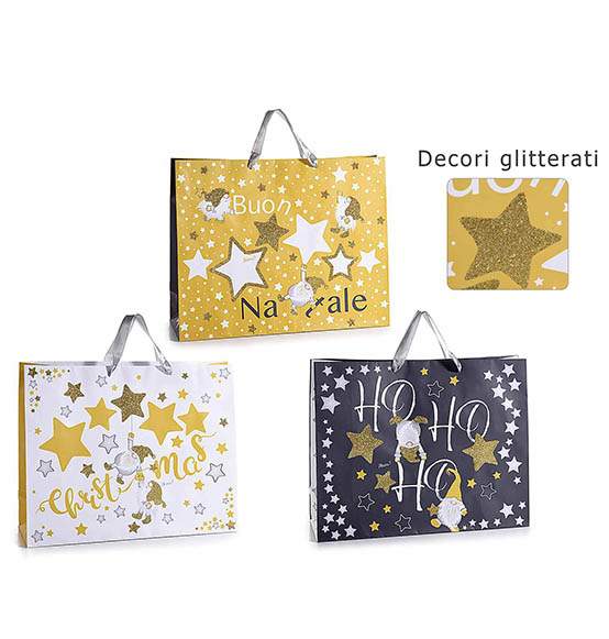 18Pz. Sacchetto regalo natalizio in carta bianca con gnomi e decorazioni glitter oro e manici in raso Linea "Gnomo Stella" cm. 38x12,5x30,5H