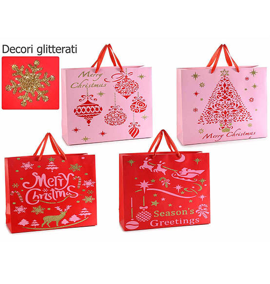 16Pz. Sacchetto grande regalo natalizio in carta colorata con decorazioni  glitter e manici in raso cm. 38x12,5x30,5H, Scatole Discount.it -  Trasparenti, in cartone, portabottiglie, portaconfetti, nastri, bomboniere  e ragali