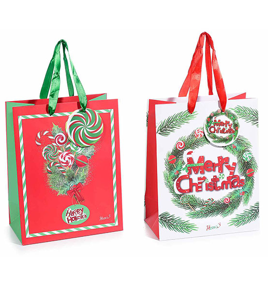 30Pz. Sacchetti buste regalo in carta colorata con stampa natalizia, manico in raso e biglietto di auguri cm 18x10x23 (Con manici cm. 33)