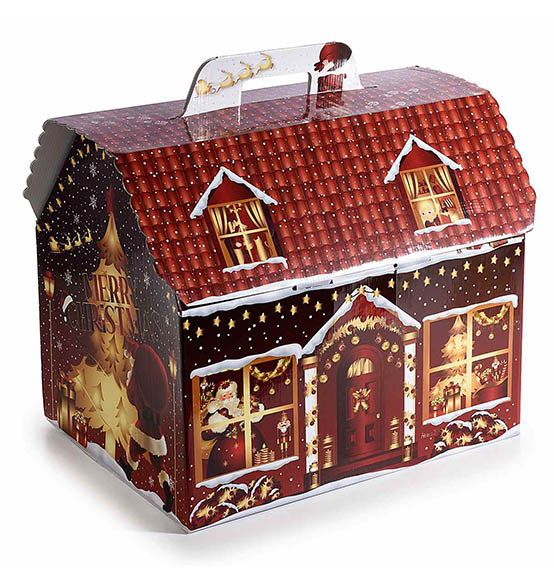 5Pz. Scatola regalo in cartone a forma di casetta con manico linea \"Christmas Village\" cm.36,5x27x29H