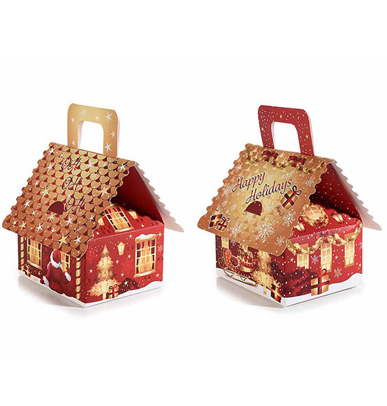 32Pz Scatola natalizia in  carta a forma di casetta con manico "Christmas Village" cm. 14x13x13,5H