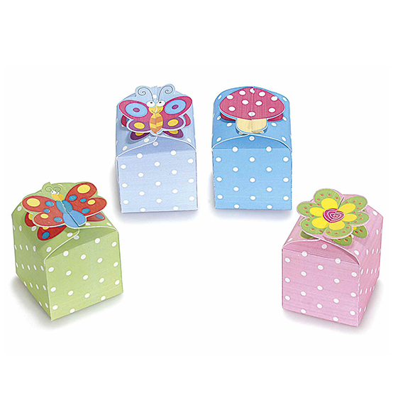 60pz. Scatolina Portaconfetti in carta decorata a pois con chiusura soggetti assortiti