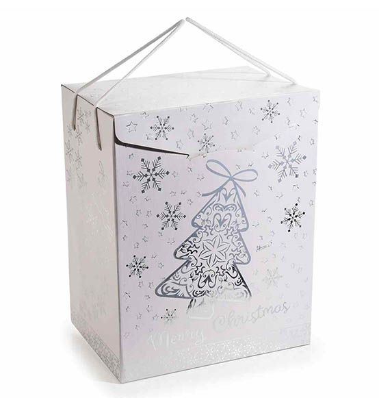 5Pz. Scatola regalo bianca con stampa natalizia argentata e manici Linea \"Natale argentato\" cm. 28x20x35H