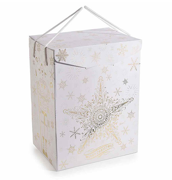 5Pz. Scatola regalo bianca con stampa natalizia dorata e manici Linea \"Natale Regale\" cm. 28x20x35H