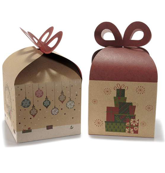 50Pz Scatola natalizia a pacco regalo in carta naturale cm 11,5 x 11,5 x 10 H Con fiocco: 15,5 H