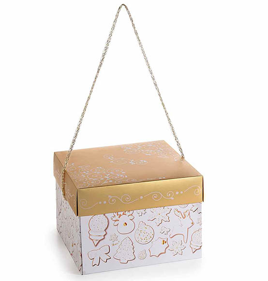 8Pz. Scatola regalo fondo + coperchio con manici per panettone con decori oro e bianco cm.22,5x22,5x16H