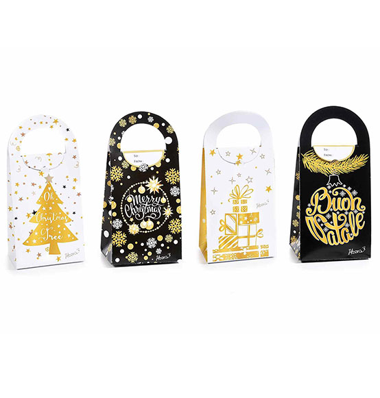 40Pz Sacchetto scatola regalo natalizio in carta bianca/nera con manico decori oro cm11,5x7,5x17,5H