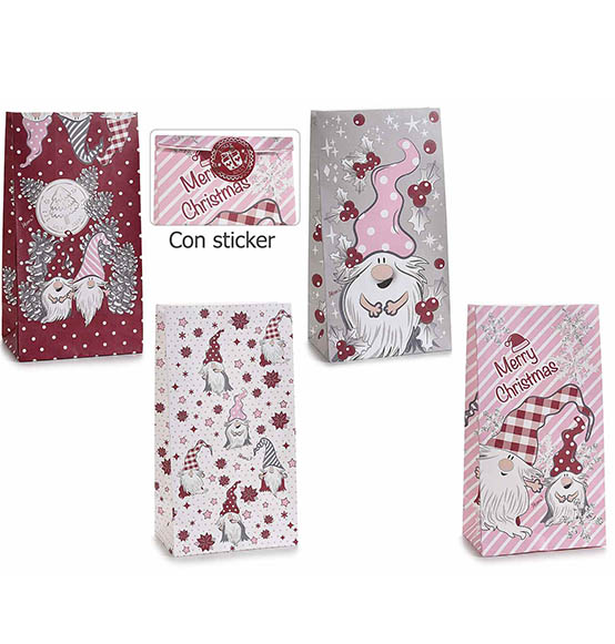 80Pz Sacchetti regalo in carta colorata con stampa gnomi e adesivo \"Gnomo Rosa\" cm. 12x8x22,5H