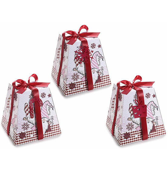 6Pz. Scatola cartone per pandoro/panettone decoro in panno e fiocco "Gnomo Rosa" cm. 24,5x24,5x24H