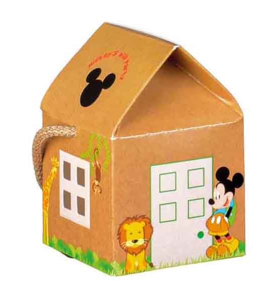 10pz. Scatolina portaconfetti casetta con cordino Mickey savana mm. 55x55x50