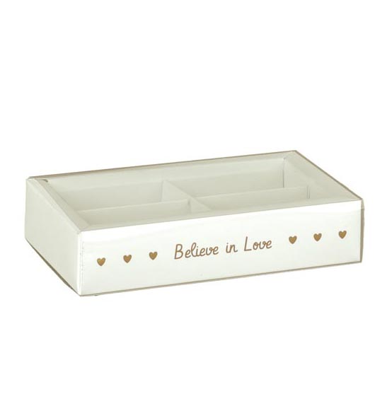 25pz. Scatolina quadretto confettata con fascetta in pvc  con scritta e oro "Believe in love" mm. 145x75x35