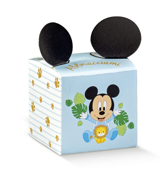 10pz. Scatolina Portaconfetti cubetto Disney Mickey Baby celeste con orecchiette