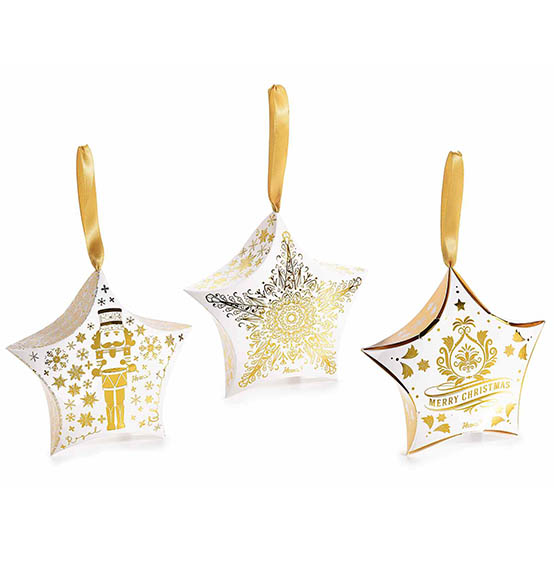 36Pz. Scatola natalizia in carta bianca con decori oro a forma di stella con nastrino "Natale Regale" cm. 12x3,5x11,5H
