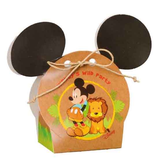 10pz. Scatola portaconfetti tonda con orecchie Mickey savana mm. 55x40x105