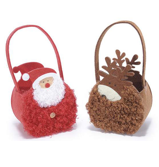 Set 2Pz Borsette natalizie in panno con rivestimento lanoso. Ass. 2 modelli: Babbo Natale e renna  cm 10,5x9x13H (c/manico21)