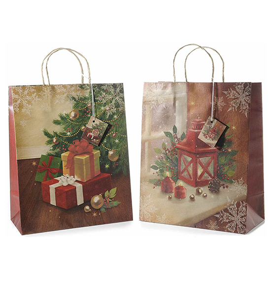 18pz. Busta sacchetto natalizio in carta naturale con stampe natalizie cm. 26,5x13,5x32,5