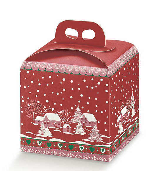 50pz. Scatola portapanettone Borgo innevato mm. 200x200x180